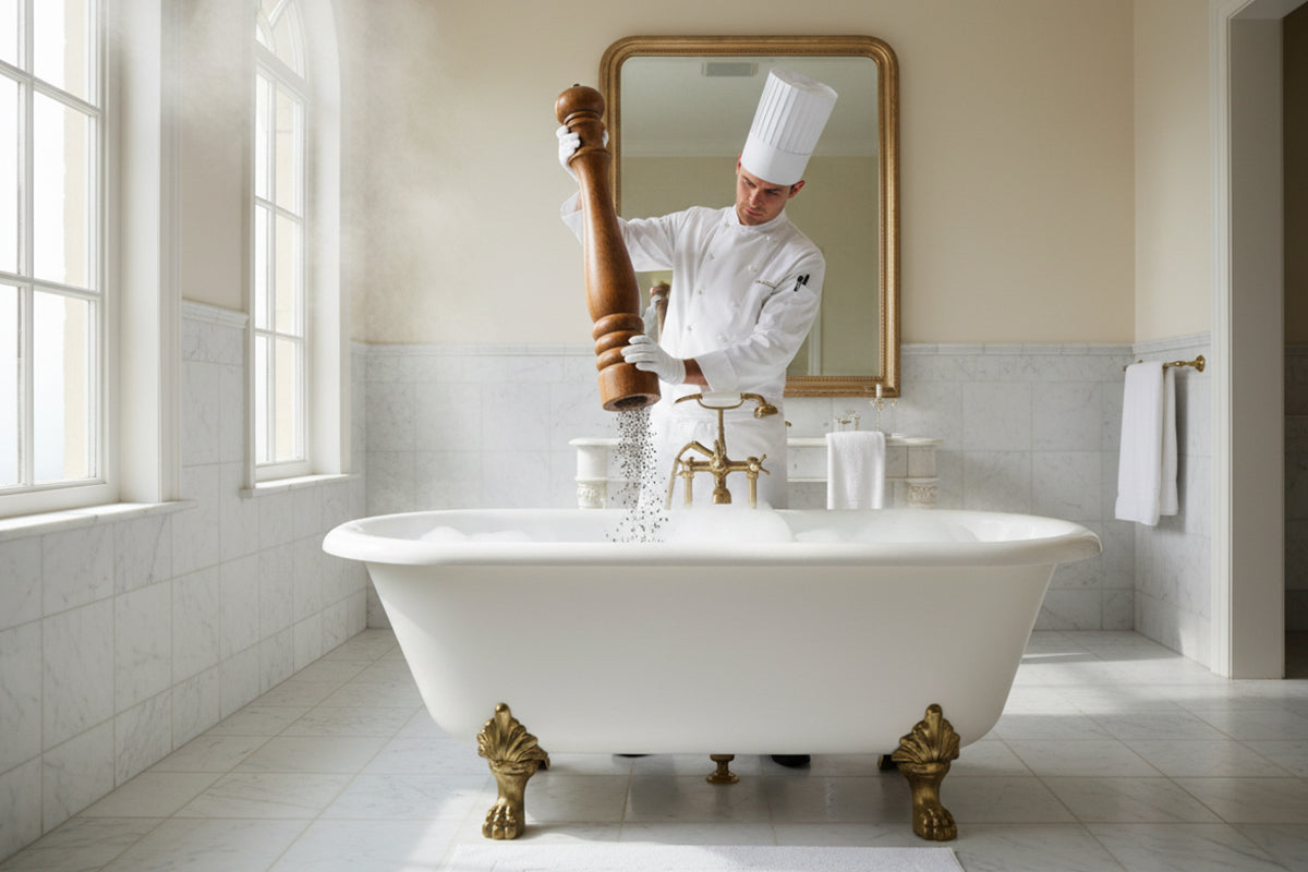 Chef in white uniform grinds pepper into a classic clawfoot bathtub.