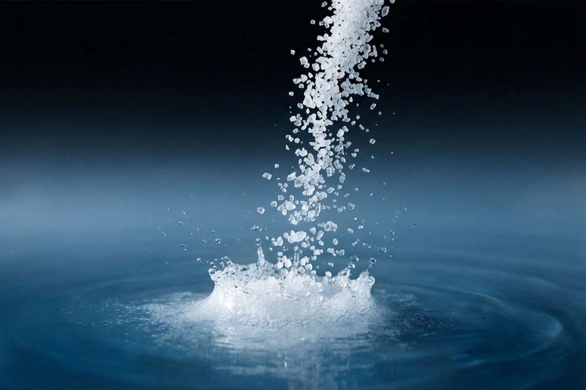 Epsom salt crystals pouring into a serene and deep blue body of water on a plain black background.