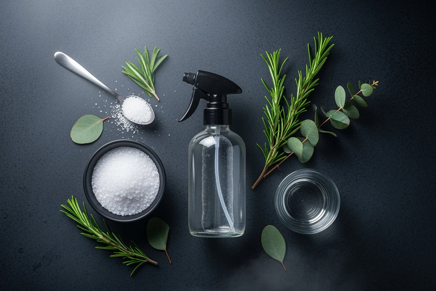 DIY magnesium recovery spray ingredients with salt, rosemary, eucalyptus, and glass bottle.