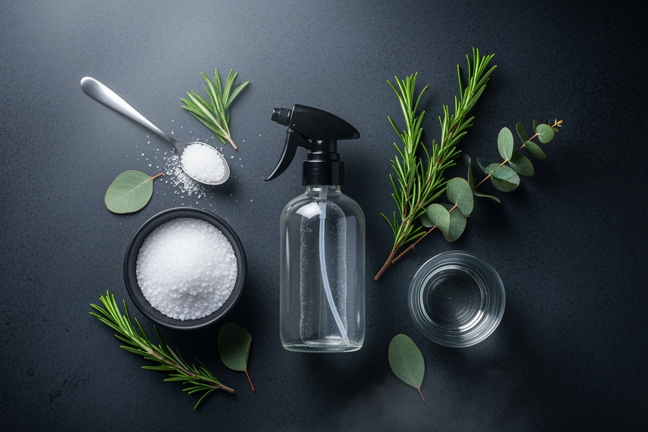 DIY magnesium recovery spray ingredients with salt, rosemary, eucalyptus, and glass bottle.