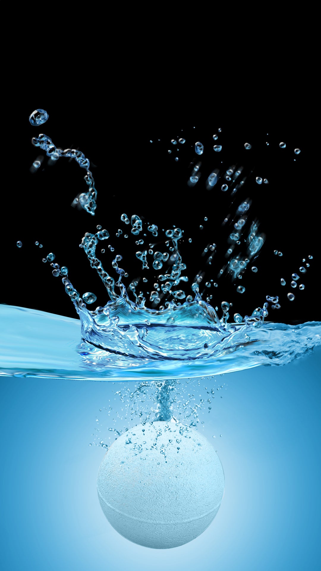 White Muscle Rehab bath bomb splashing into blue water, creating droplets and ripples against a black background, symbolizing freshness, relaxation, and the start of a soothing soak.