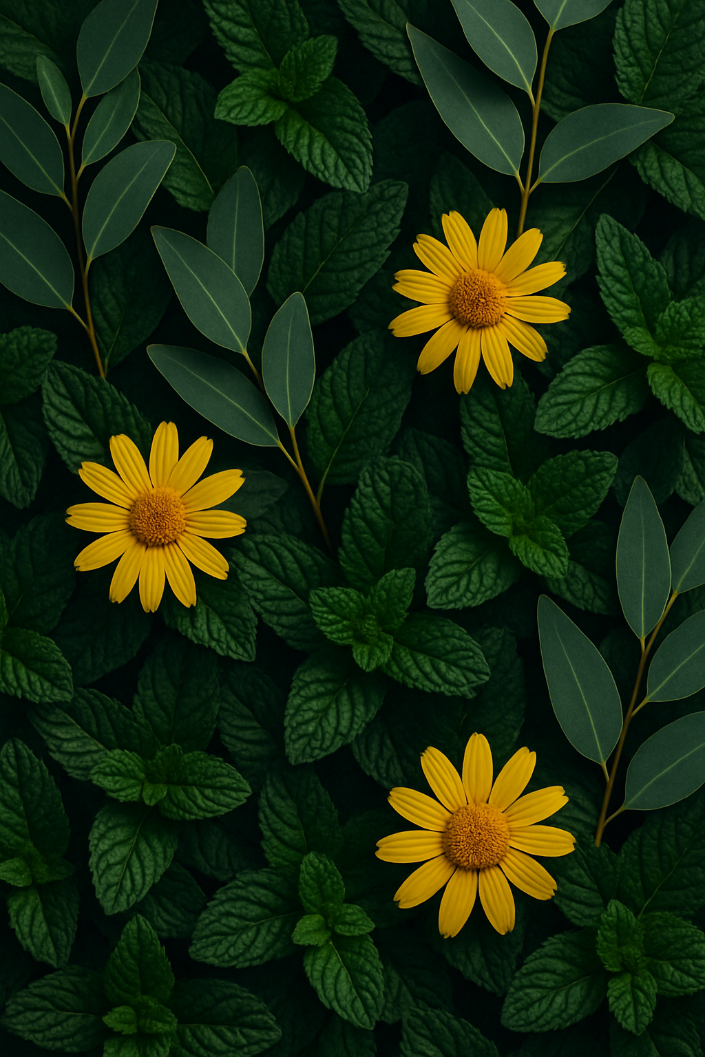 Three arnica flowers surrounded by mint and eucalyptus leaves.