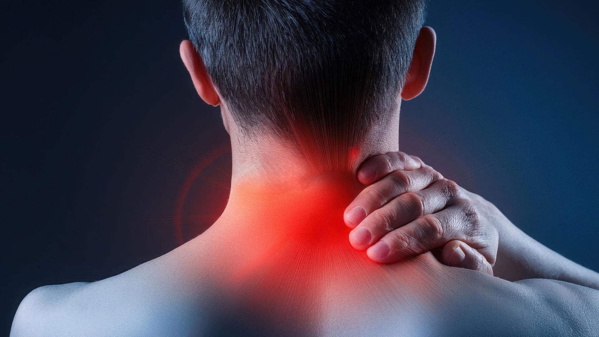 Person holding their neck with a red highlight indicating pain on a dark background
