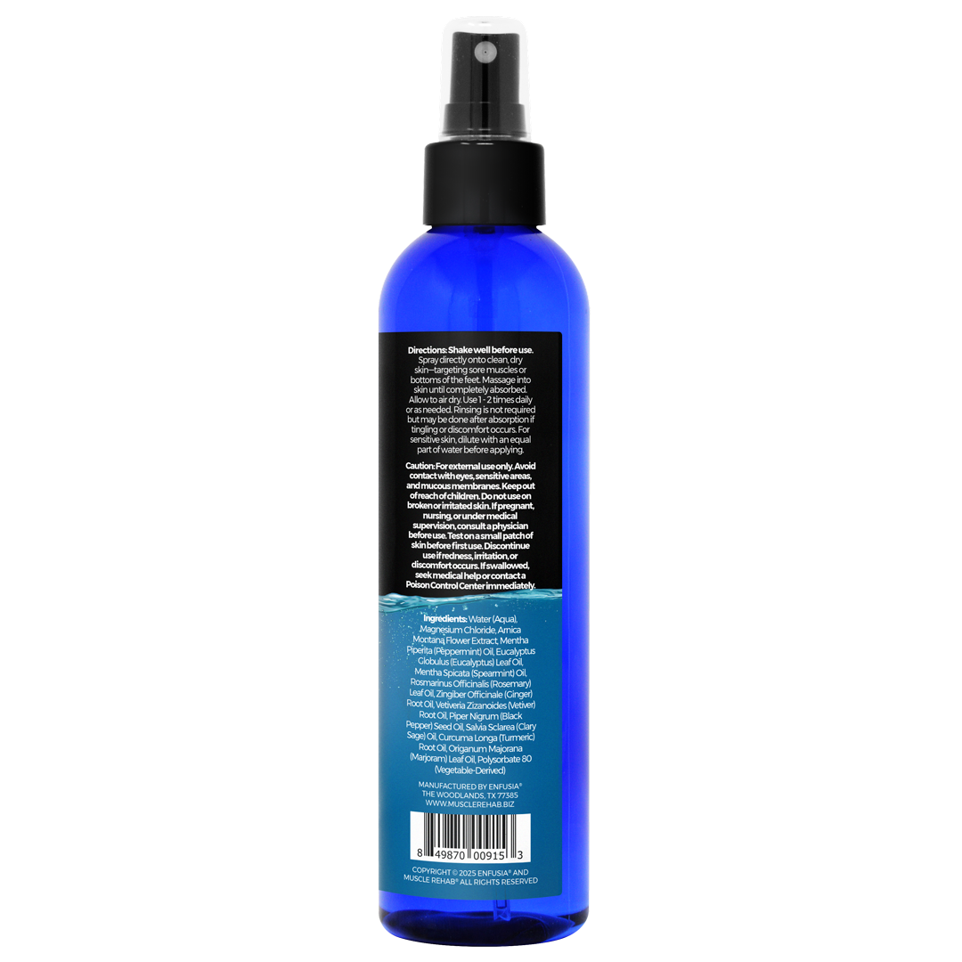 Blue spray bottle with black nozzle on a white background ingredients listed