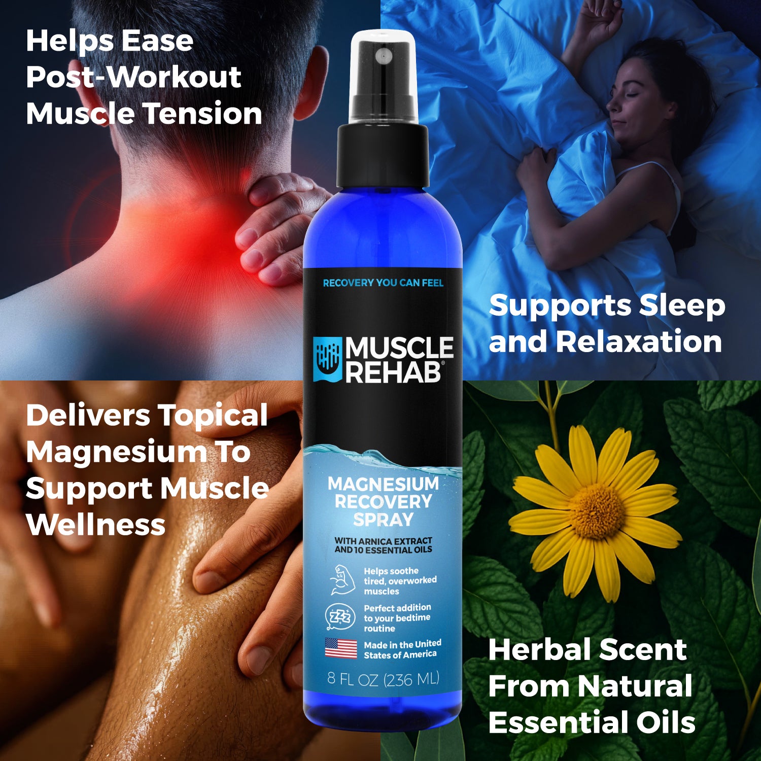 Muscle Rehab magnesium recovery spray bottle with text highlighting its benefits on a dark background. Calling out unique ways Muscle Rehab aids body
