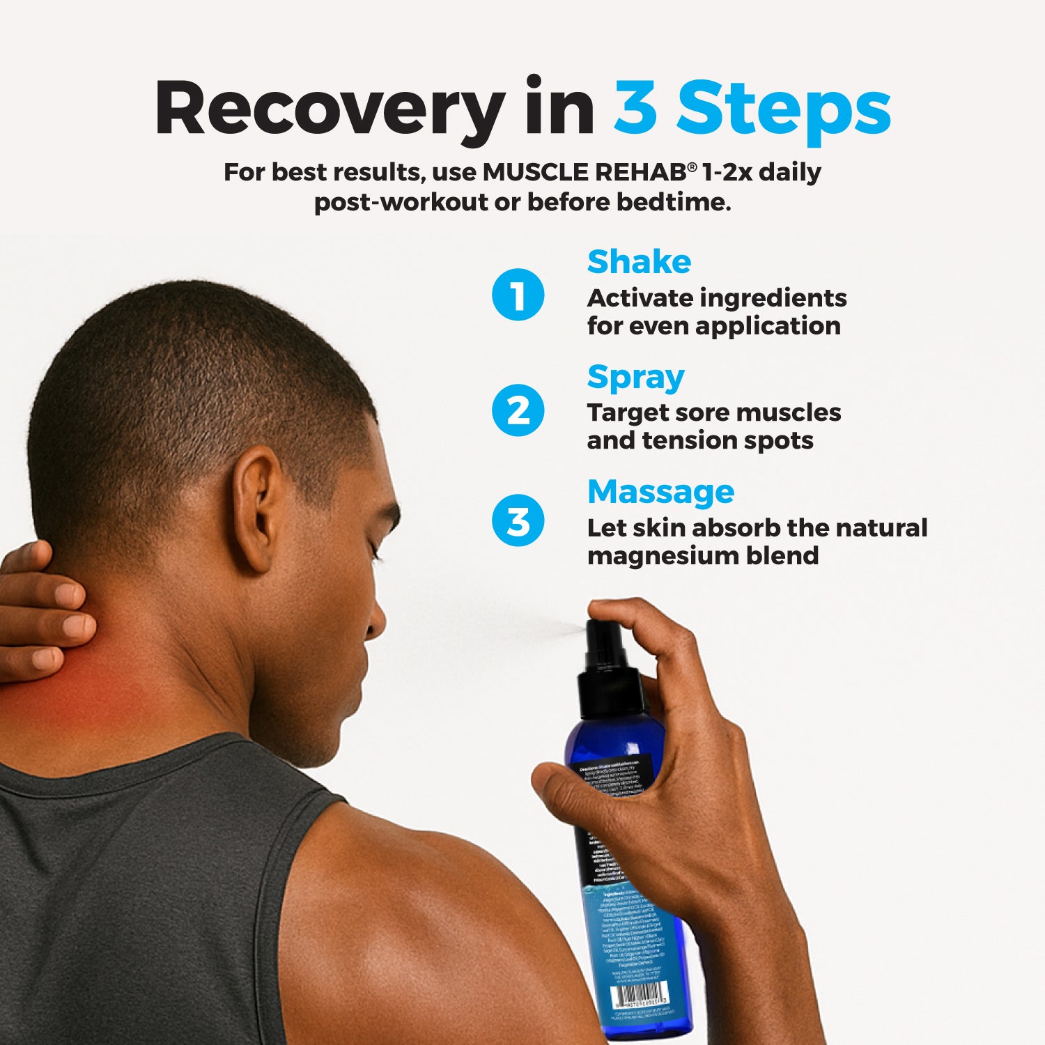 Man applying Muscle Rehab product to his back post workout with usage instructions on a white background