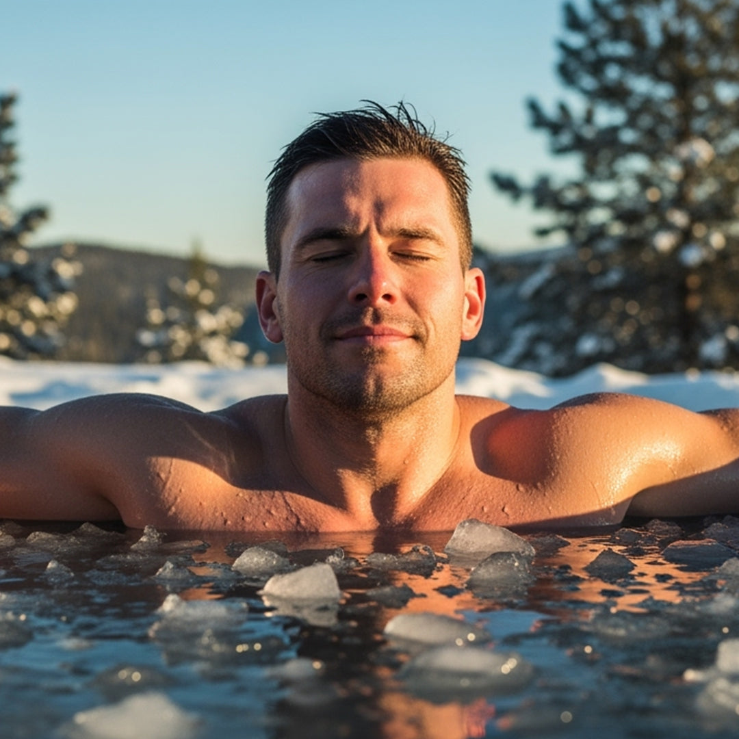 Man relaxing in an outdoor ice bath, symbolizing cold therapy and muscle recovery benefits.