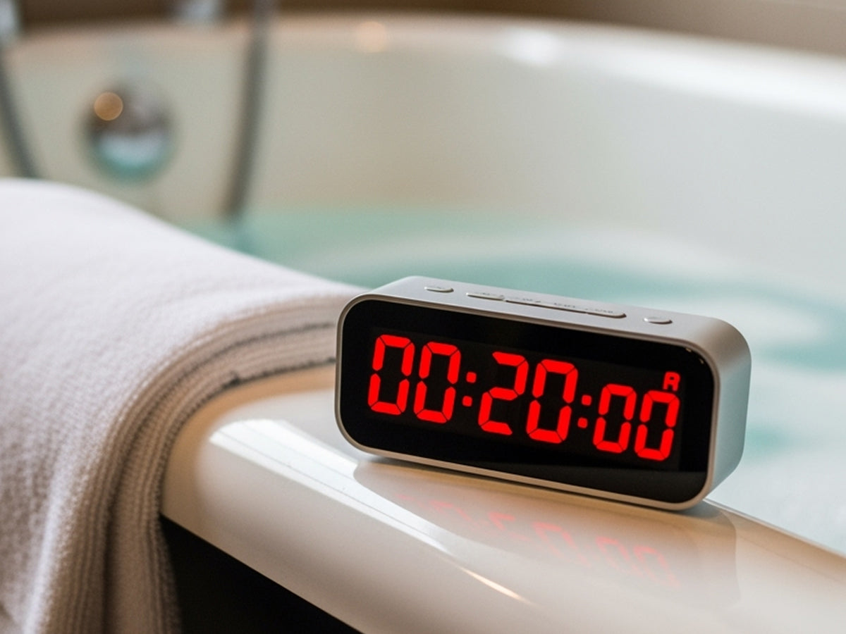 Digital clock set to 20 minutes on bathtub edge, symbolizing safe bath time for recovery routines.