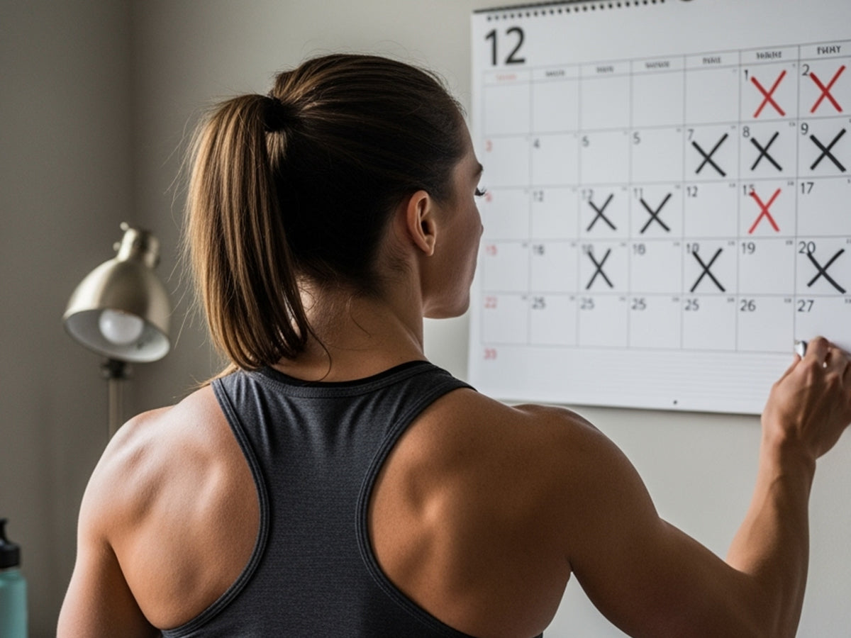 Athlete marking days on wall calendar, symbolizing consistent training, recovery, and progress.