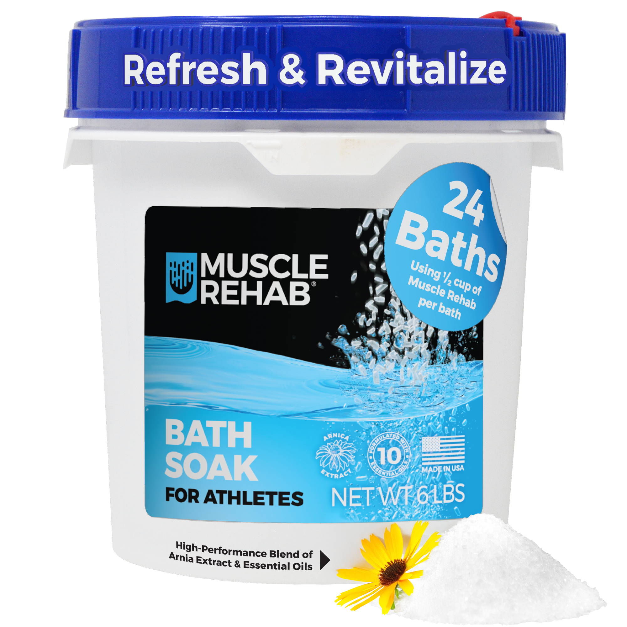A white pail labeled 'Muscle Rehab Bath Soak for Athletes' with blue and black text, and a blue lid. A pile of Epsom salt with an arnica flower resting on top sits in front of the product. The pail indicates the product is a 6 lb bath soak, with 24 baths per container.