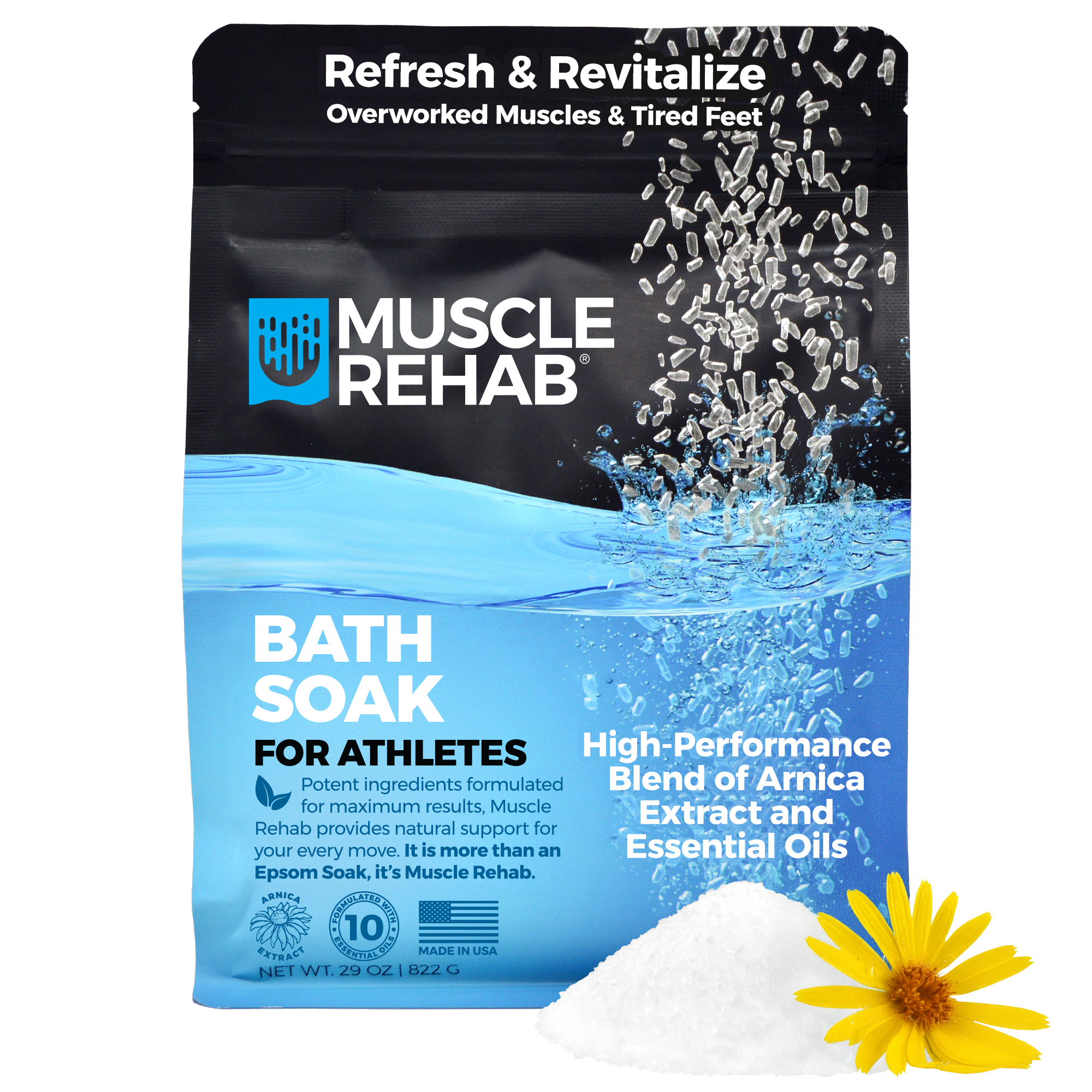 A package of Muscle Rehab Bath Soak for Athletes, featuring a blue and white color scheme with a pile of Epsom salt and an arnica flower resting in front. The product is formulated with USP Epsom salt and arnica extract, and contains essential oils.