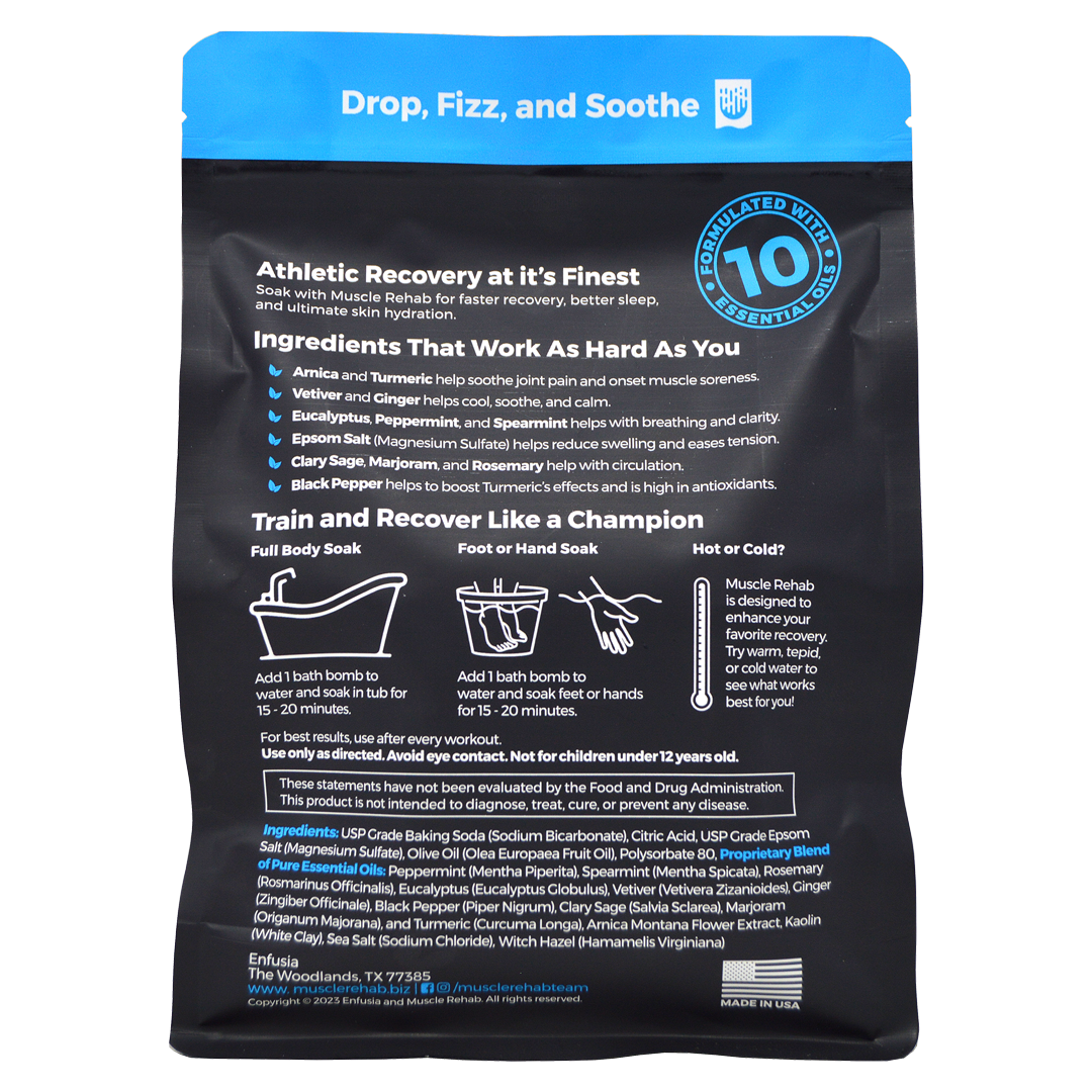 Back of muscle rehab package with ingredient declaration and useage information. White text on black background
