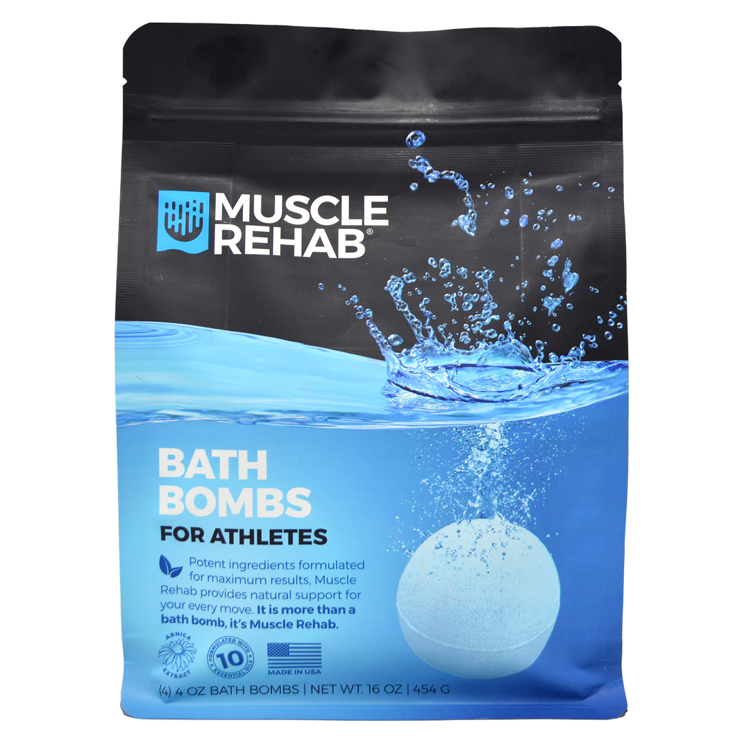 A package of Muscle Rehab Bath Bombs for Athletes with a visual representation of a bath bomb dissolving in water. Plus verbiage about ingredient potency