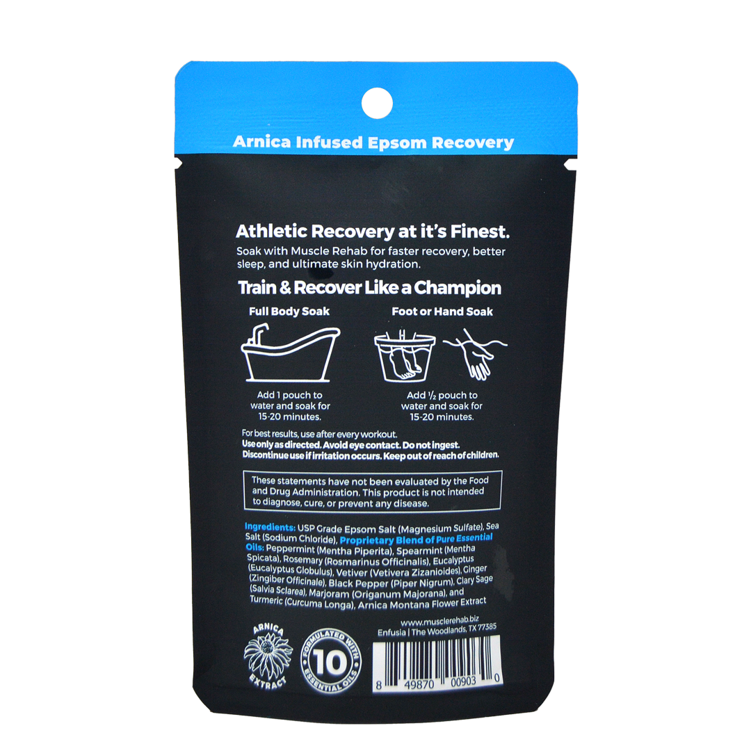 This is the back of the Muscle Rehab® 2.5 oz Bath Soak pouch.
Details include header, tagline & benefits, usage instructions, directions, ingredients list, and other info.