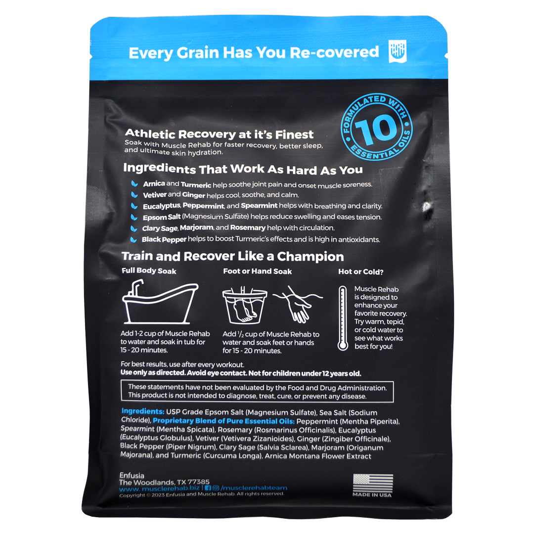 This is the back of the Muscle Rehab® 29 oz Bath Soak package.
Key elements on the label: Header, Tagline, Ingredient Benefits, Usage Instructions, Ingredients List, and other info.