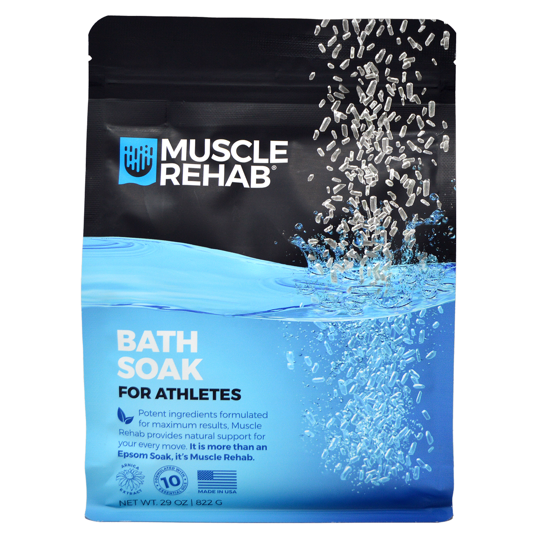Muscle Rehab Bath Soak for athletes with epsom salt on front of package with description of ingredients, arnica, and 10 essential oils