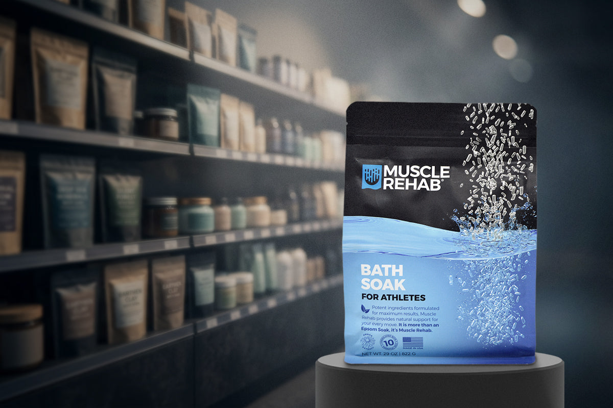 Muscle Rehab bath soak pouch on shelf among other bath and body products