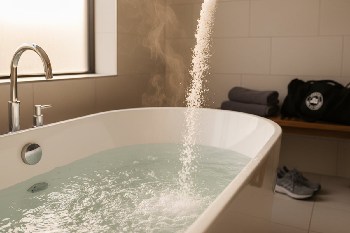 Warm bath with magnesium salts pouring into the water for a relaxing Muscle Rehab recovery soak.
