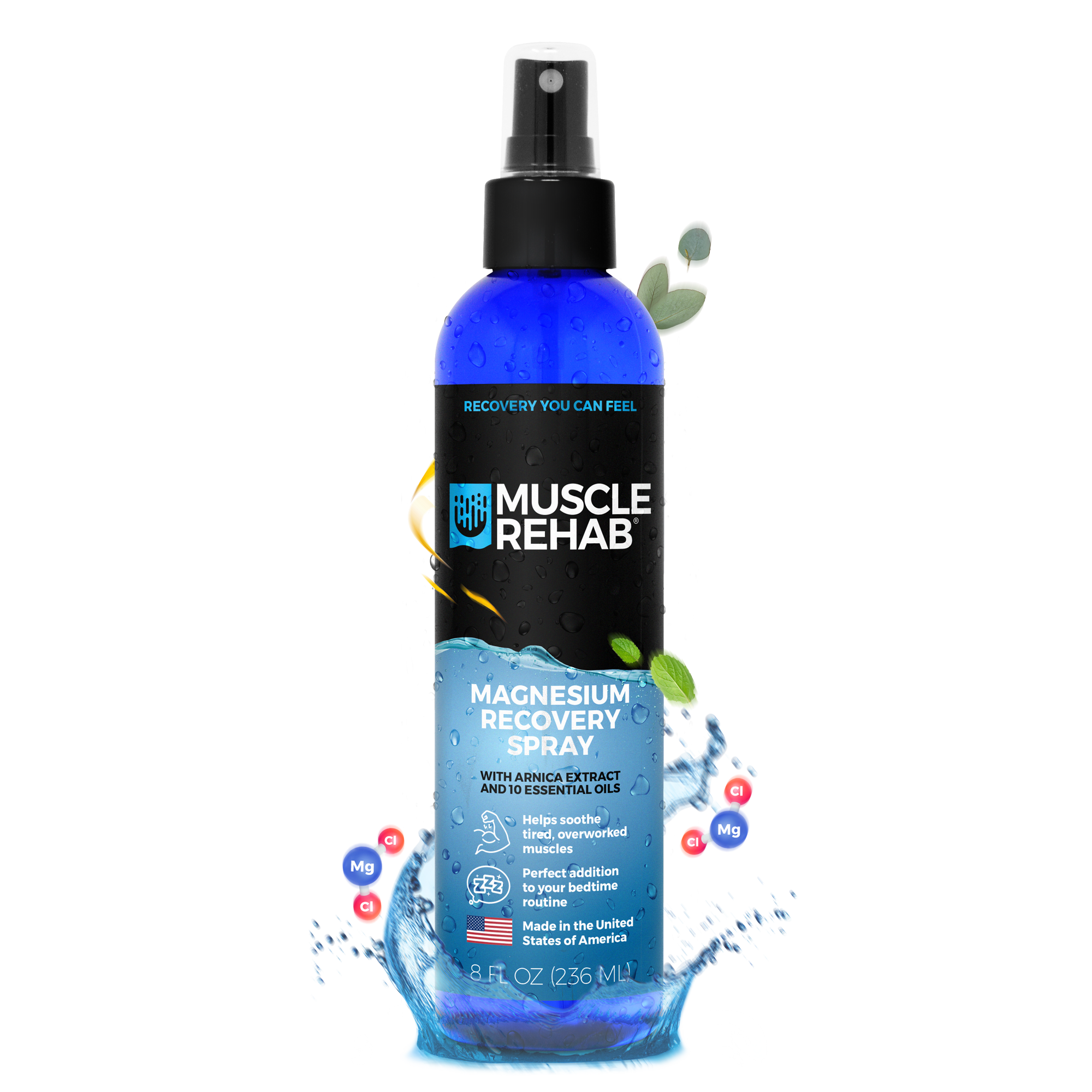 Blue spray bottle labeled 'Muscle Rehab' on a white background Magnesium and Arnica leaves plus American flag call out