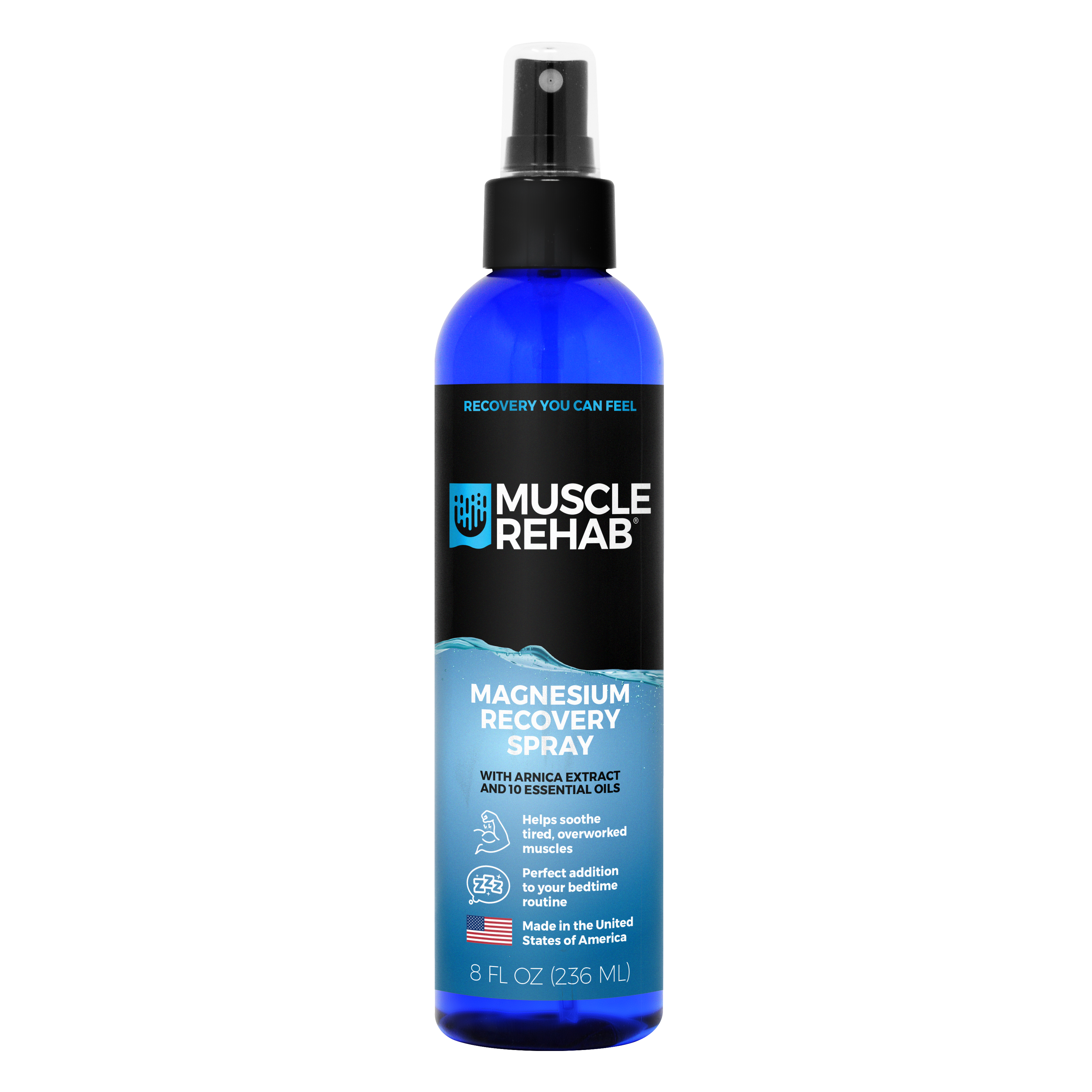Blue spray bottle labeled 'Muscle Rehab' on a white background Magnesium Recovery Spray with Arnica